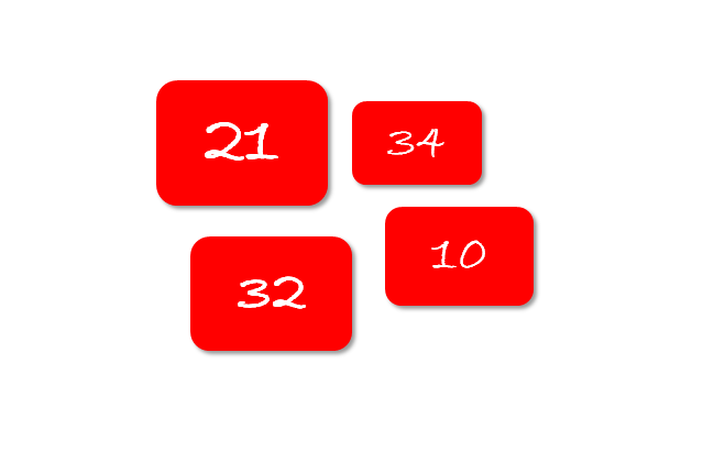 Vier rote Quadrate mit den Zahlen 21, 34, 32 und 10